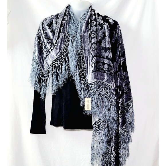 Maya Matazaro Kimono Shawl Wrap Silk Burnout Velvet Blk Grey Fringe USA NWT - Picture 9 of 9